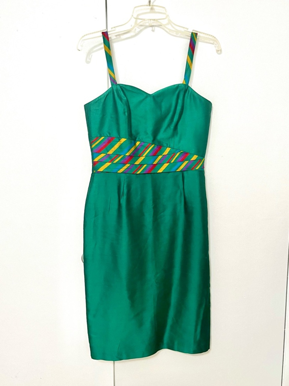 Vintage Silk Marcolas Paris Emerald Rainbow Wiggle Dress and Jacket Set